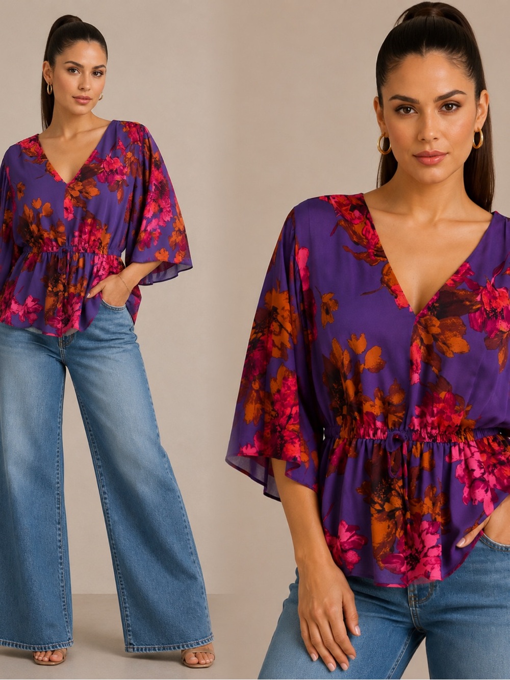 sofia by sofia vergara Purple Floral V-Neck Peplum Blouse